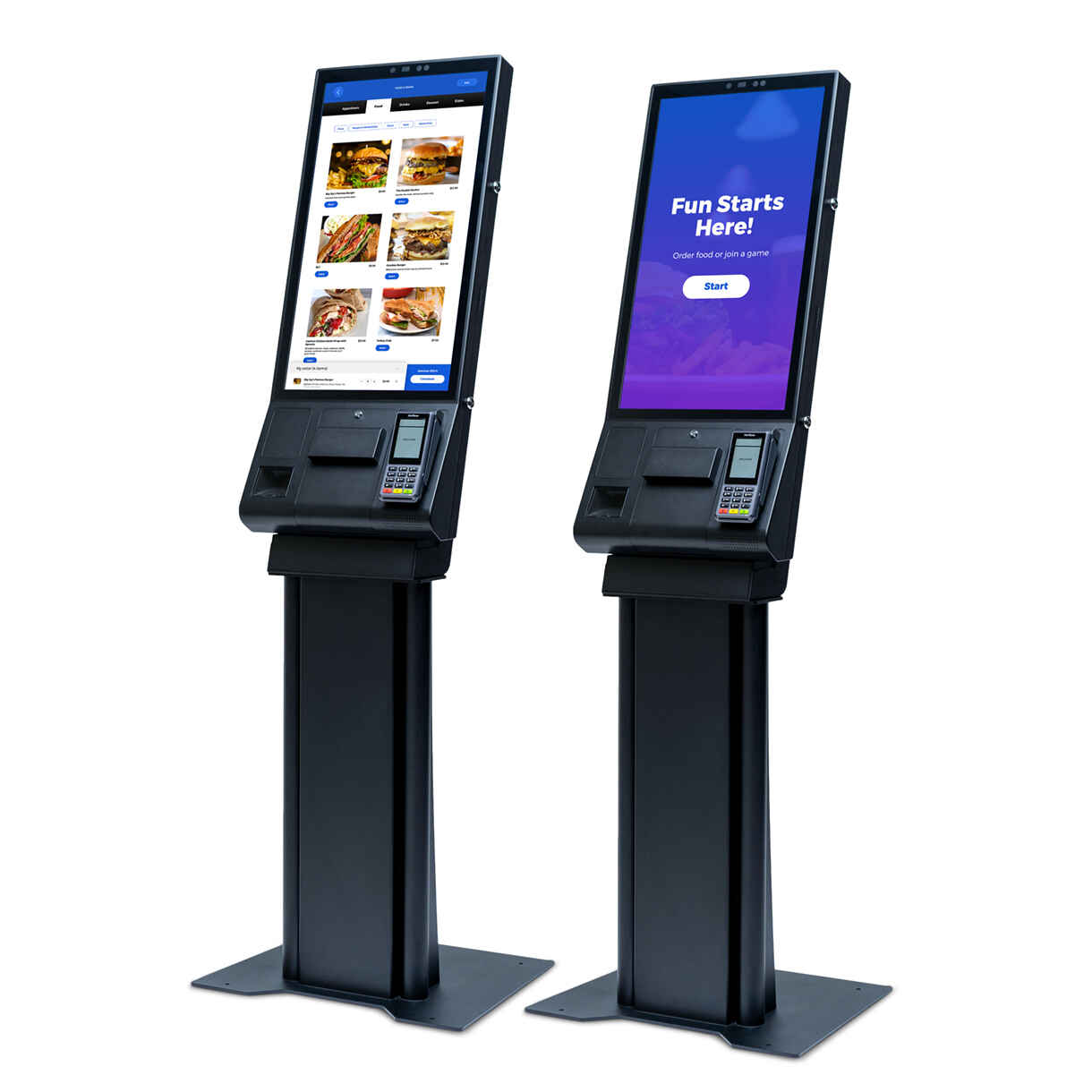 Delicious Food & Drinks – Order Easily with Self-Service Kiosks Self-service kiosks for ordering delicious food & drinks at Strikers, making it easy to skip the line and enjoy your favorite snacks, meals, and beverages while you bowl and have fun.